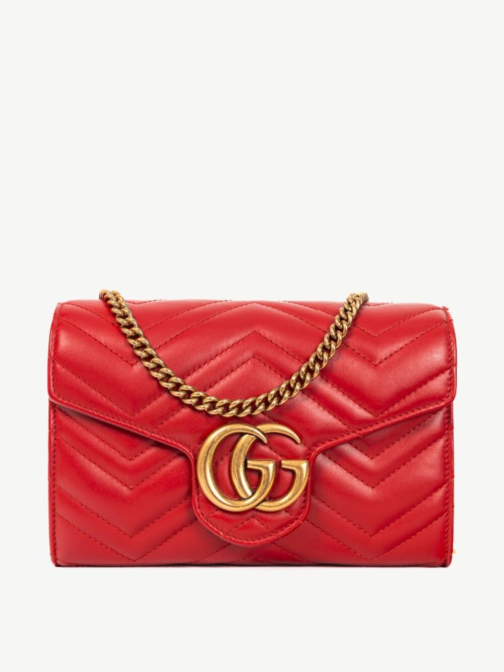 Gucci GG Marmont Red Matelasse Chevron Leather Wallet on Chain